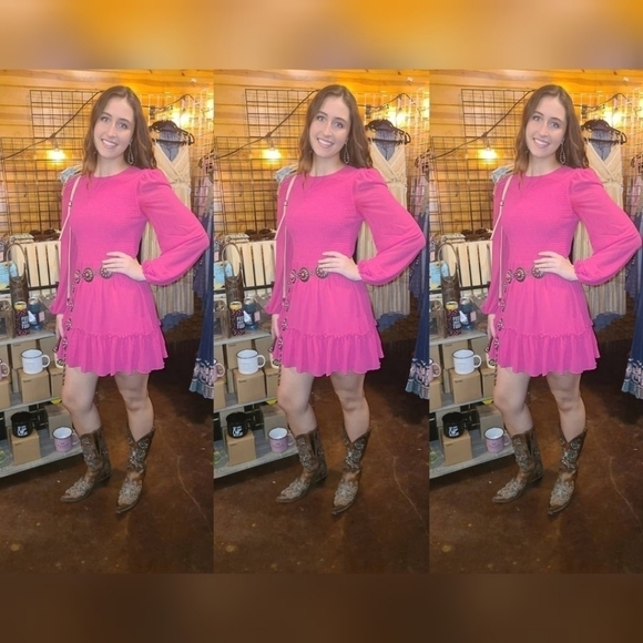 Crewneck Long Sleeve Smocked Ruffle Hem Dress A-Line Flowy Mini Tiered D… - Picture 3 of 10